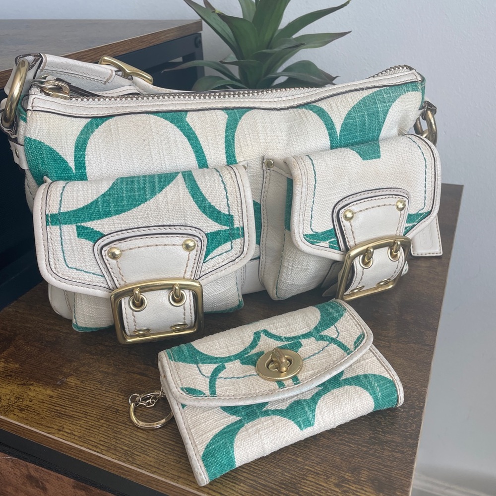 Limited Edition Coach Legacy Signature Cotton Shoulder Bag and Wallet in Jade
